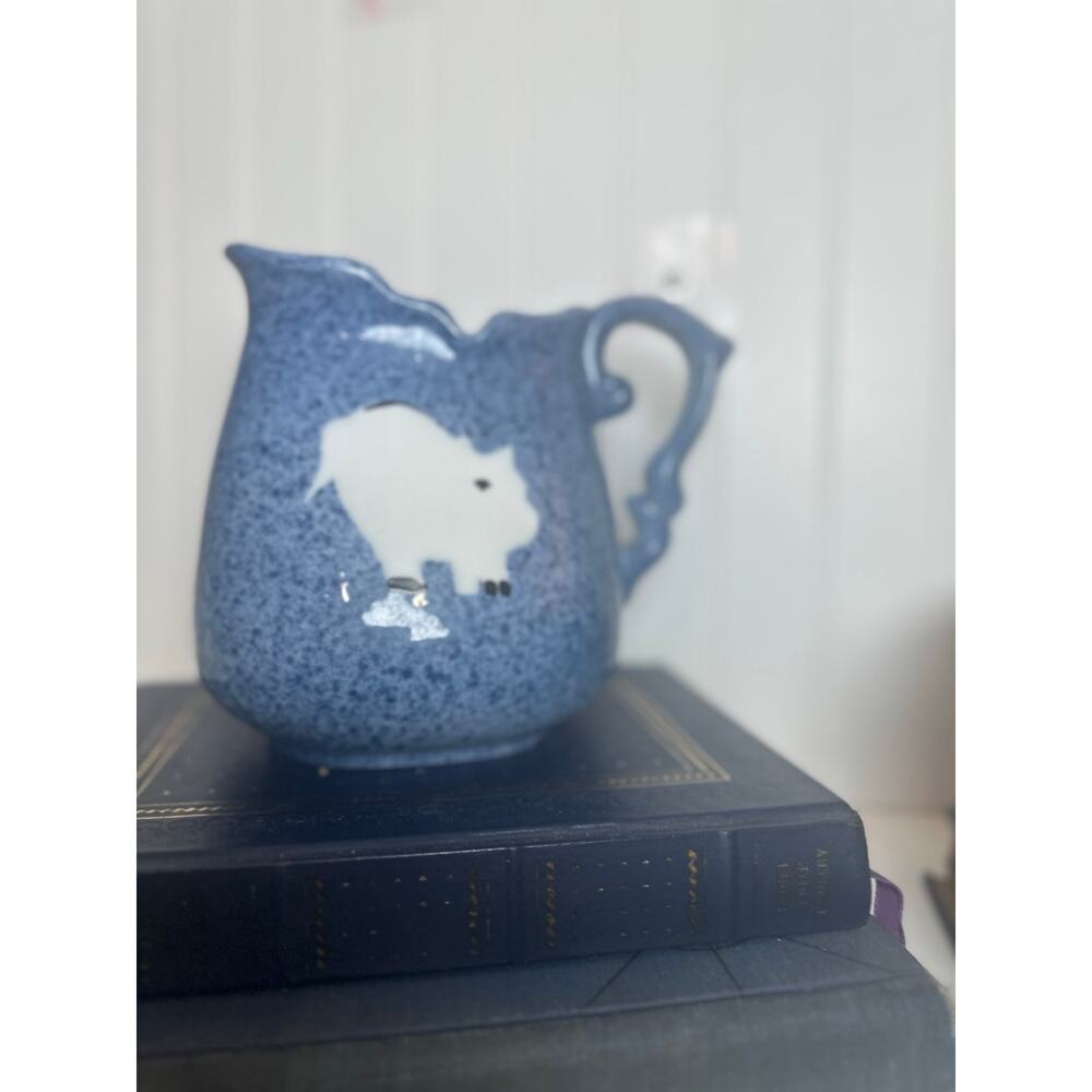 Blue Spongeware Calico China Pitcher With Pig 6-3/4” Tall